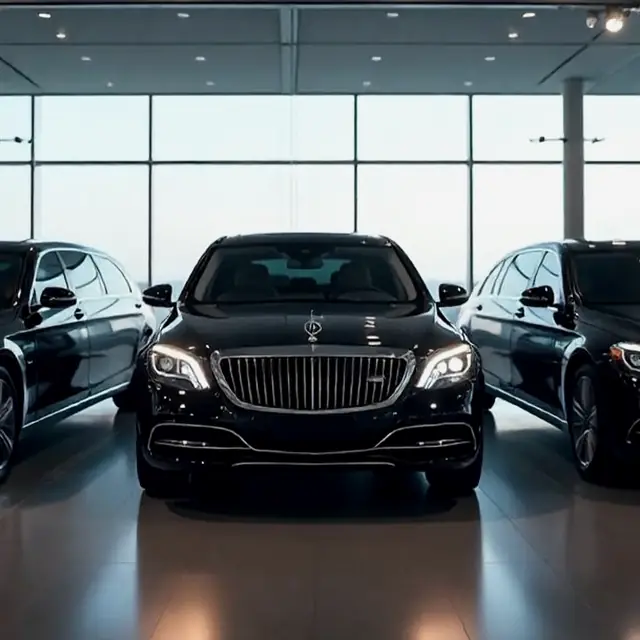 A black executive sedan in a showroom.
